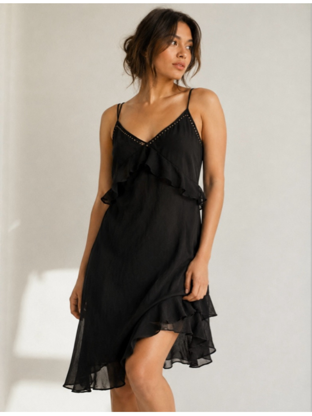 Victoria’s Secret Black Chiffon Ruffle Slip Dress Studded Y2K Fairy Grunge